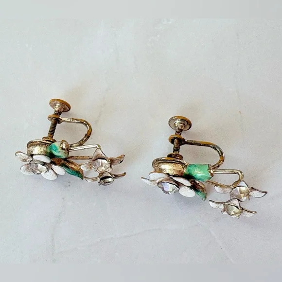 Vintage Flower Rhinestone Pink Flower Screwback Pierceless Statement Earrings - Picture 6 of 6